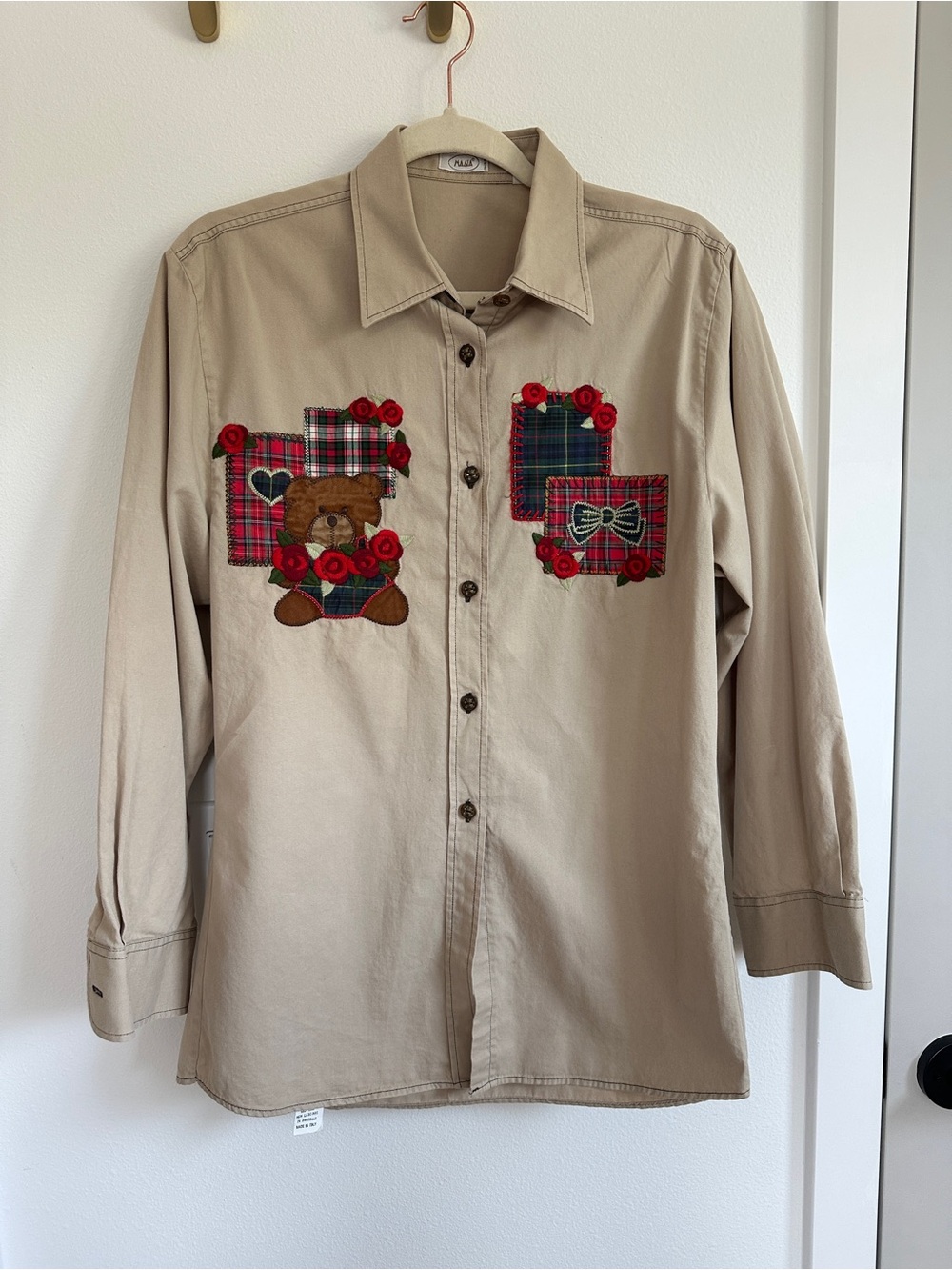 Vintage Italian Button Down Shirt with Plaid and Bear Details